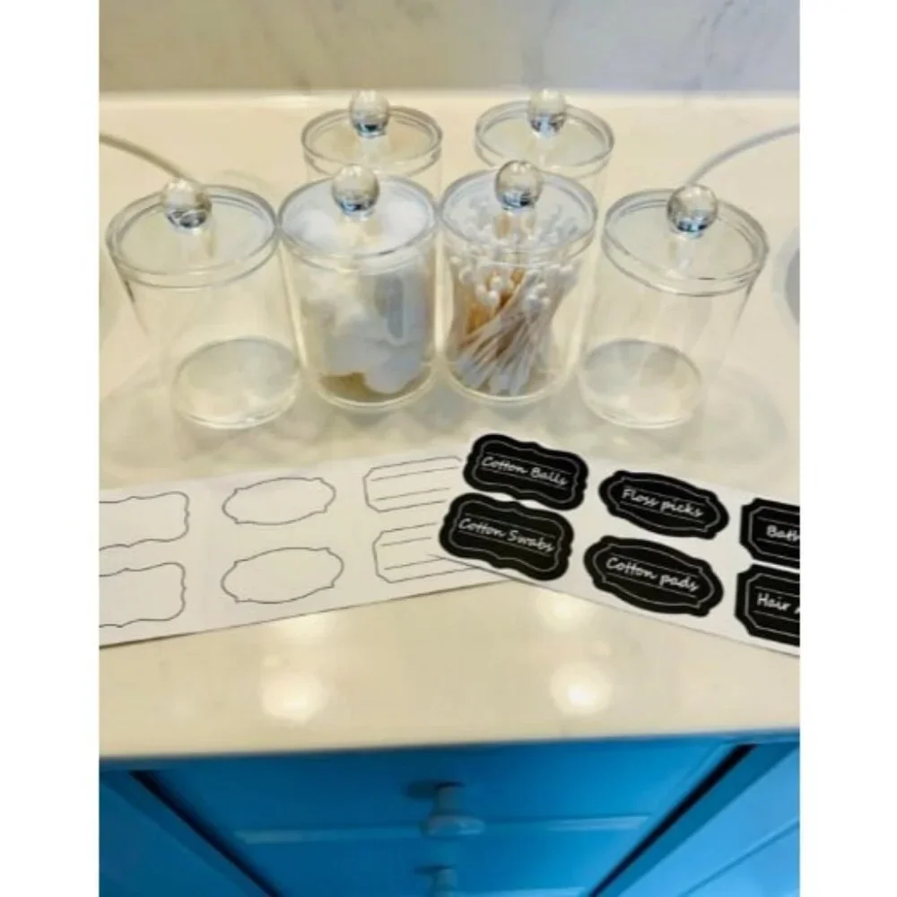 6 Pack of 12 Oz. Qtip Dispenser Apothecary Jars Bathroom with Labels